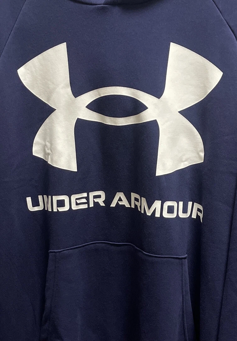 VETEMENTS Under Armour Felpa Uomo con Cappuccio 2XL Manica Lunga Blu Navy Bianco Logo NUOVA con etichette