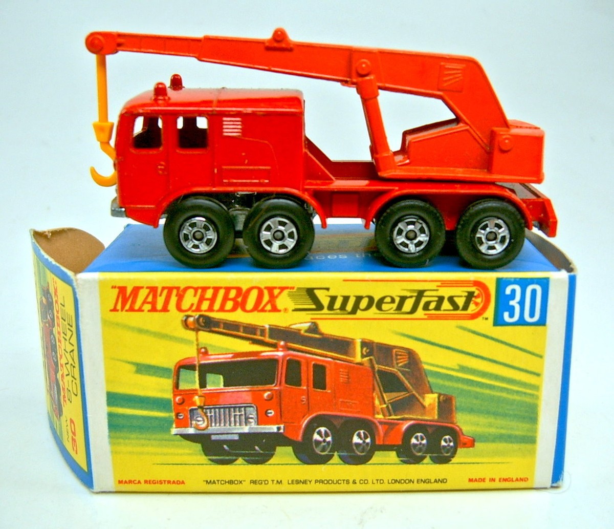 Matchbox SF No.30A 8 Wheel Crane red body ORANGE boom very