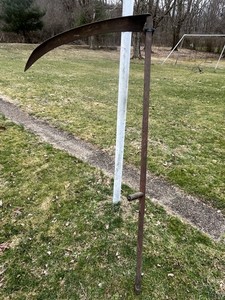 Primitive HAY SCYTHE SIGNED Sickle w/63.5” WOODEN HANDLE + 32” BLADE Farm Tool