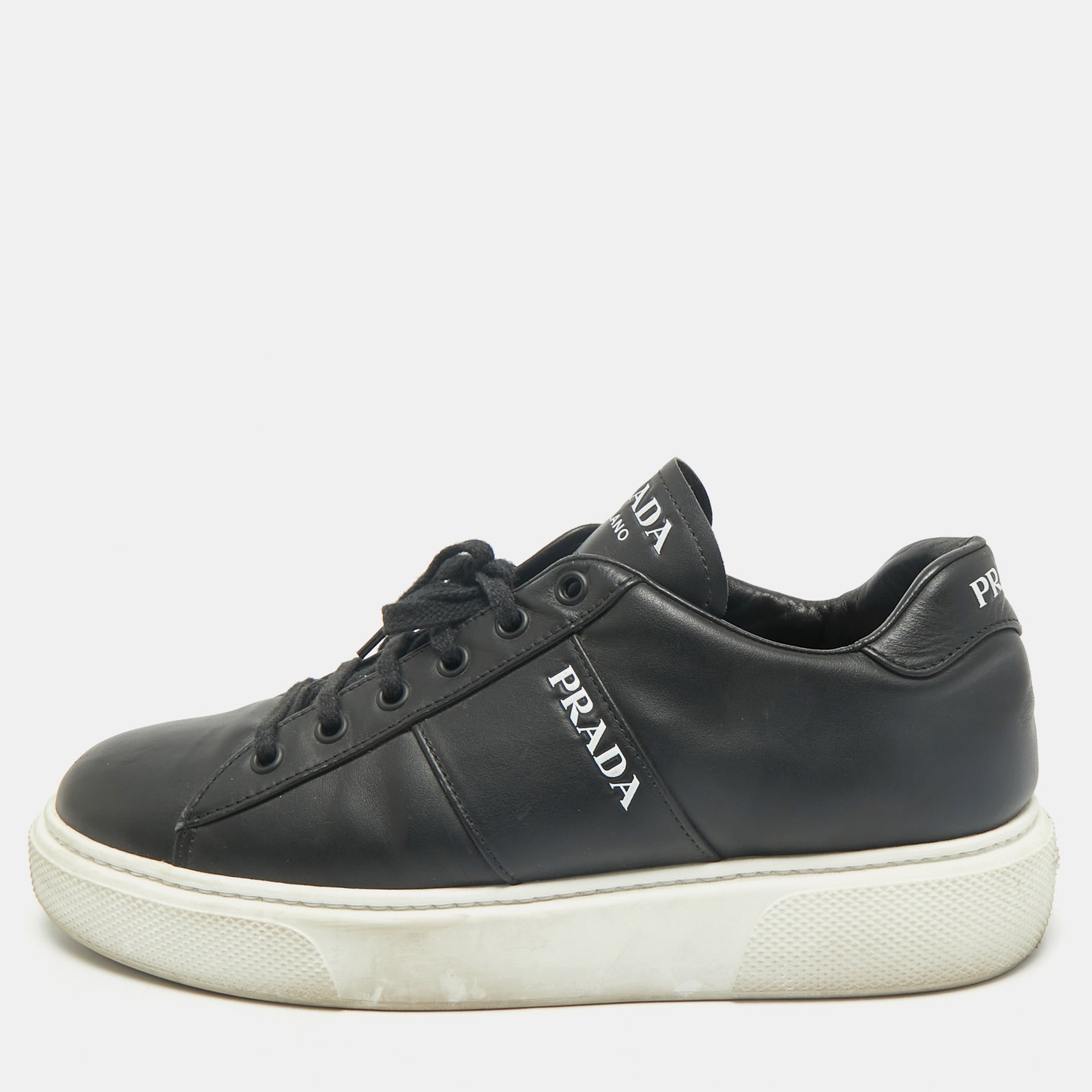 Prada Black Leather Low Top Sneakers Size 39.5 EU