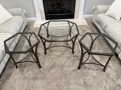 Hexagonal Glass Top Metal Coffee & End Table Set for Living Room, 3 Piece