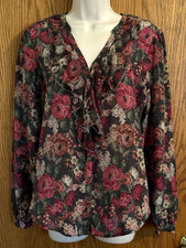 Johnny Was Jade Floral Blouse Long Sleeves Ruffled Front 100 Silk Women's Sz S