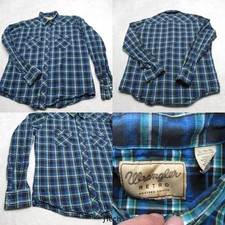 Wrangler Retro Pearl Snap Shirt Mens XL Blue Green Plaid Long Sleeve Western VTG