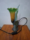 Vintage Tiffany Style Lily Tulip Lamp Glass Amber & Green. Stand Brass (Working)