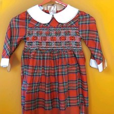 Polly Flinders Girls 5 Red Plaid Smocked Dress VTG Long Sleeve Holiday outfit