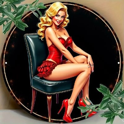 Blechschild rund Pin-Up Girl Vintage Metallschild TEL3241