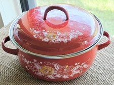 Vintage Red Floral Enamelware Lidded 2 Quart Pot