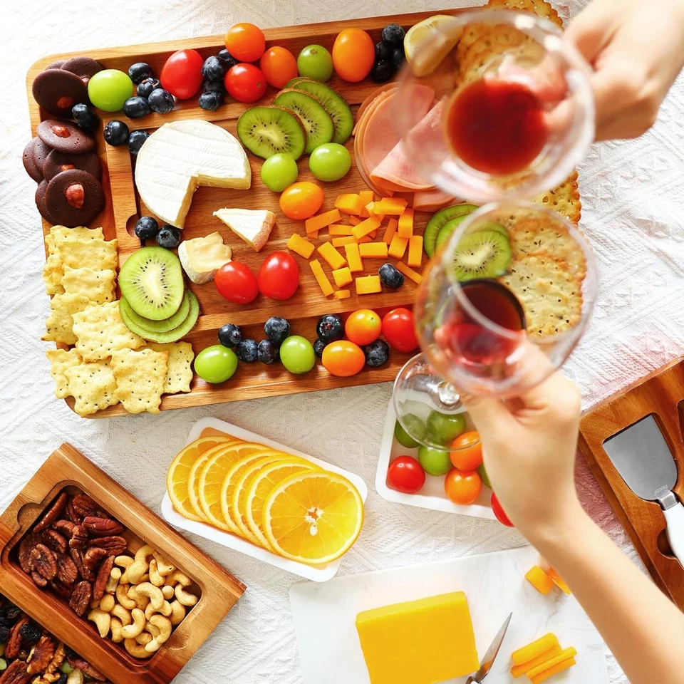 Large Acacia Wood Cheese Board Set Charcuterie Board with Drawers Serving Tray - Image 2 of 4