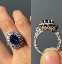 5.50Ct Oval Lab-Created Blue Sapphire Halo Engagement Ring 14K White Gold Plated