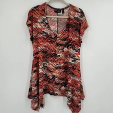 Attitudes by Renee Shirt Womens Large Orange Abstract Tunic V-Neck Asym Hem