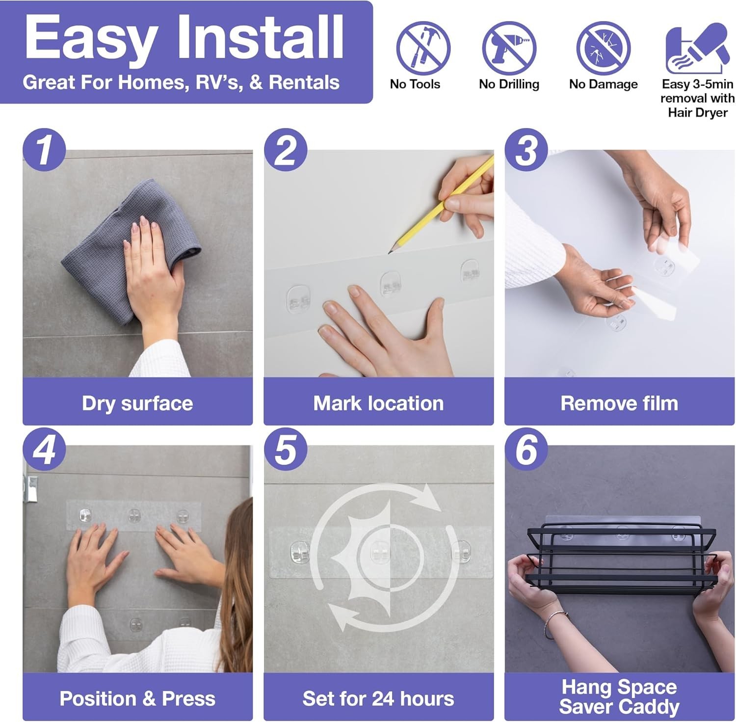 Bathroom Shower Organizer Stainless Steel No Drill Rustproof 4 Hooks Storage