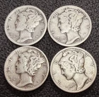 Lot of 4 90% Silver Mercury Dimes 1926 1939 1942 1944 Philadelphia KM140 FS NR