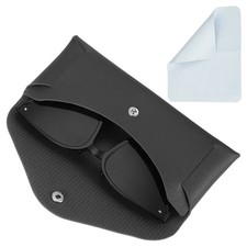 Leather Glasses Case Holder with Button and Cleaning Cloth Black 