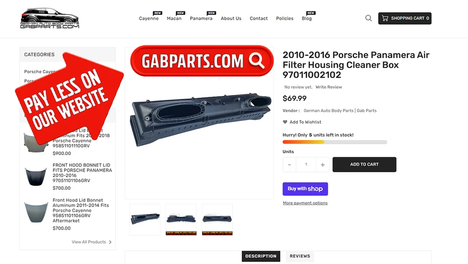 Caja limpiadora carcasa filtro aire Porsche Panamera 2010-2016 97011002102 Foto 3 de 4