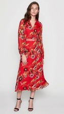 Equipment Sz 6 Andrese Silk Wrap Dress Red Floral Print Belted Midi NWT $528
