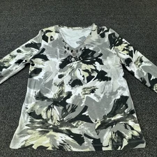 Rebecca Malone Shirt Womens Medium Gray Black Abstract Embellished V Neck Top