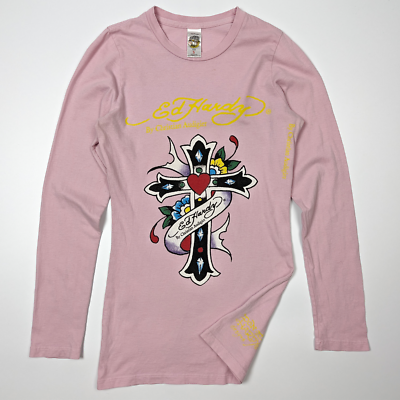 Ed Hardy Vintage Y2K Tattoo Logo Long Sleeve Blouse/Top/Shirt Pink