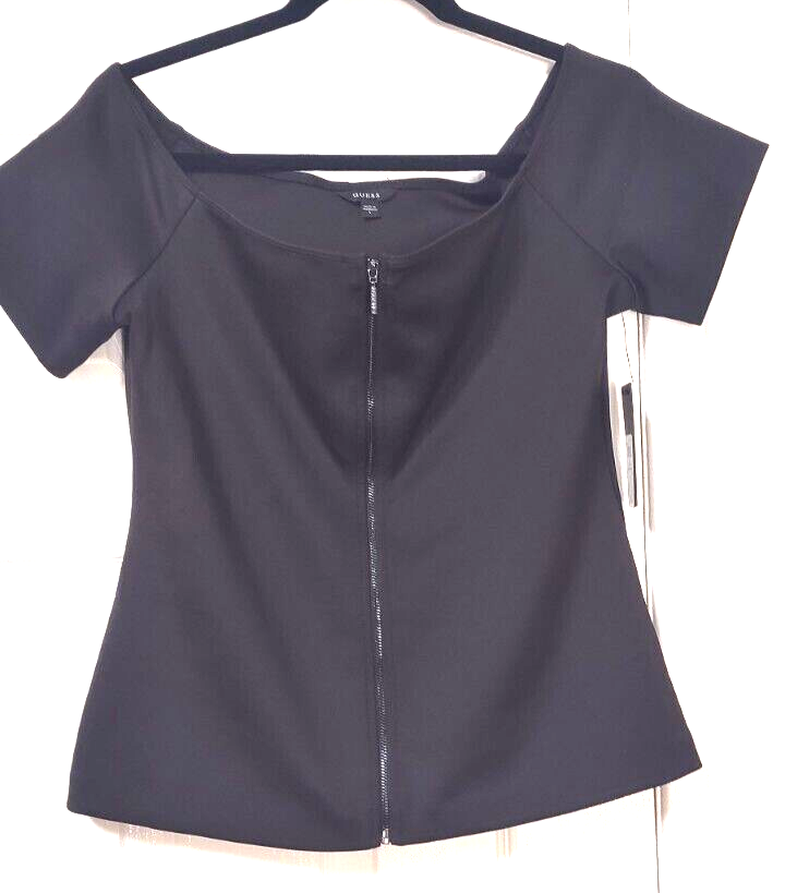 New 59 Guess OffTheShoulder Black Full Zip Stretch Scuba Top L Short