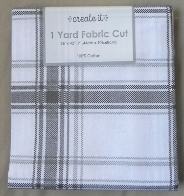 Holiday ''1 Yard Fabric Cut'' by Create It, White & Gray Plaid, 100% Cotton New