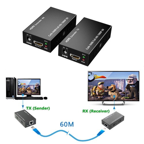 HDMI Extender Over Single RJ45 Cat5e Cat6 Ethernet Cable 60M 1080P HD 3D HDCP AU - Picture 3 of 8