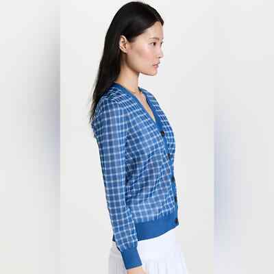 NWT Tory Burch Sheer Plaid Boyfriend Cardigan Blue White Size XL