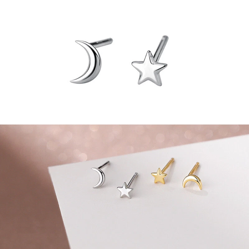 Kleine Ohrstecker Mond Stern Sterling Silber 925 Damen Mädchen Ohrringe - Bild 1 von 1