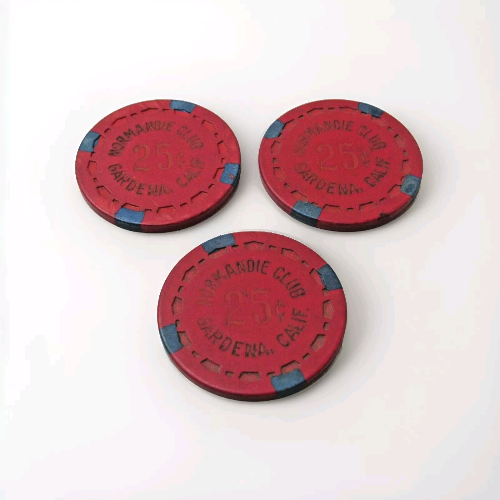 Lot Of 3 Normandie Club $0.25 casino poker chips - Gardena CA - 1950s/1960s #KR