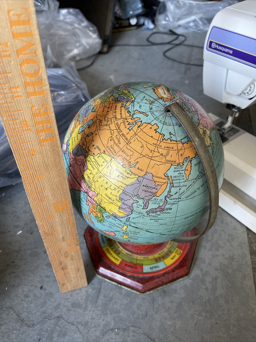 Vintage Antique 1956 Tin Metal World Globe Month Season