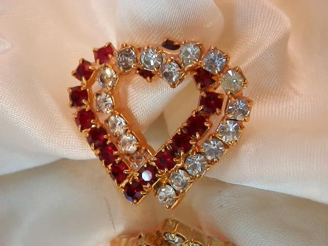 Vintage 60's Red Clear Rhinestone Pronged 2 Hearts Love