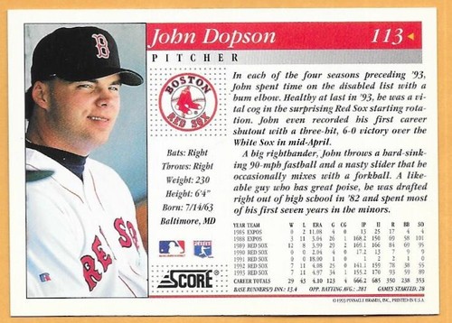 JOHN DOPSON BOSTON RED SOX #113 - SCORE NM-MT 1994 - Picture 2 of 2