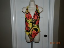 Vintage Cole Of California One Piece Bathing Suit floral halter black 14