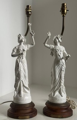 Paar Jugendstil figürliche Damen Lampen Églantine von Rucho Vintage Tischleuchten