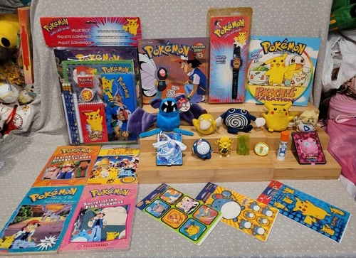 1990s Vintage Pokemon Figure Plush Toy Book Sticker Sheets Stationary Watch Lot
