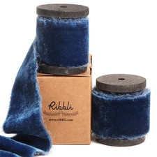 Ocean Blue Velvet Ribbon 1.5 Inch Handmade Frayed Vintage Christmas Ribbon for G