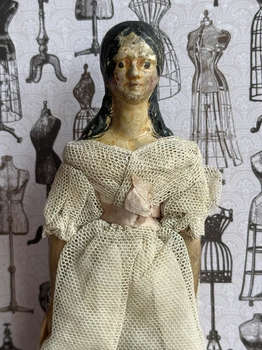 Antique German 6.75” Papier Mache Milliner’s Model Dollhouse Spilled Curls Doll