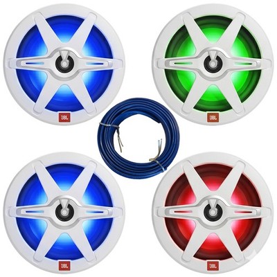 4x JBL Club 82 8'' 450W Max Marine RGB LED Speakers with Grilles, Speaker Wire