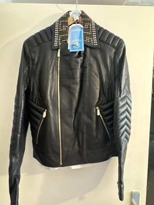 Versace for H&M Herren Bikerjacke Leder Schwarz Kurz Reißverschluss Gr. M