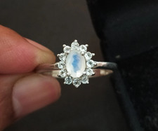 Unique Rainbow Moonstone Oval Wedding Halo Ring 925 Sterling Silver Ring Women