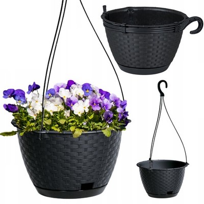HÄNGENDES TÖPFCHEN Ø 23 cm Rattan ANTHRACITE, rund mit Haken 3L