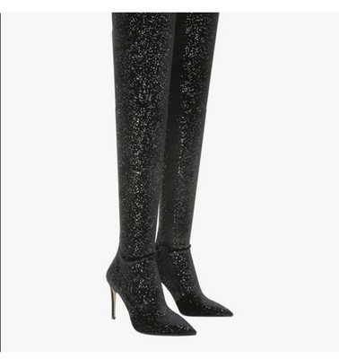 BALMAIN Amazone Thigh-High Glitter Velvet Boots 38.5EU