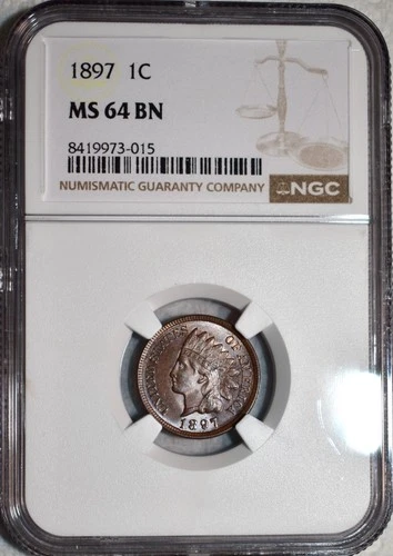 NGC MS-64 BN 1897 Indian Head Cent, Razor-Sharp, Frosty specimen.