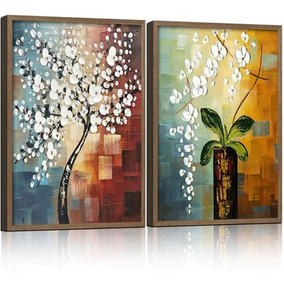 2 Piece Framed Canvas Art Prints Morning Glory Modern Abstract White Flowers ...