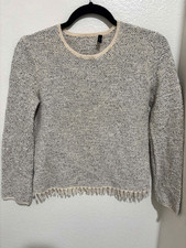 Theory Vendla Inlay Cream Ivory Tweed Sweater Wool Blend Fringe Size XS