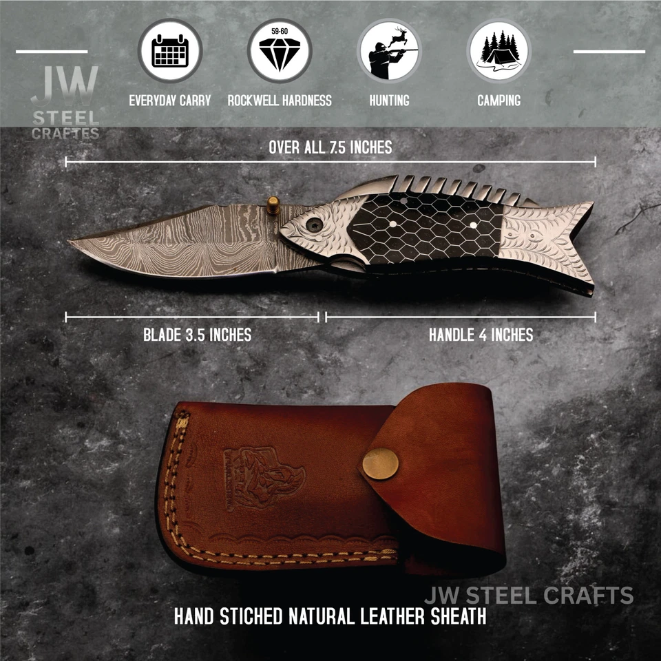 Cuchillo de pescado plegable Damasco hecho a mano - mango grabado, cuchillo de bolsillo EDC Foto 3 de 4