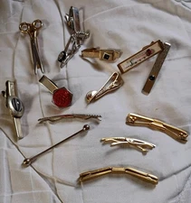 9 Vintage Tie Clips and 4 Collar Bars and 1 Silver Tone Piece.
