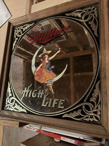 VINTAGE MILLER HIGH LIFE Girl on the Moon WITCH BEER MIRROR BAR SIGN 1980