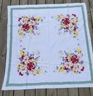 Vintage 53" x 49" Tablecloth Green Border, Blue, Red, Yellow Floral