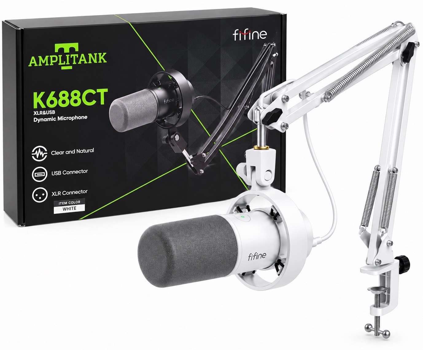 Amplitank K688CT FIFINE Studio Podcast Recording Microphone Easy Mount White
