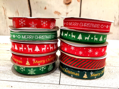 Christmas Ribbon 10 Rolls Lot - 3/8ins. 9 Yards each Roll