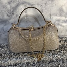 Gold Metallic Glitter Small Clutch Top Handle Evening Bag Chain Strap Clasp